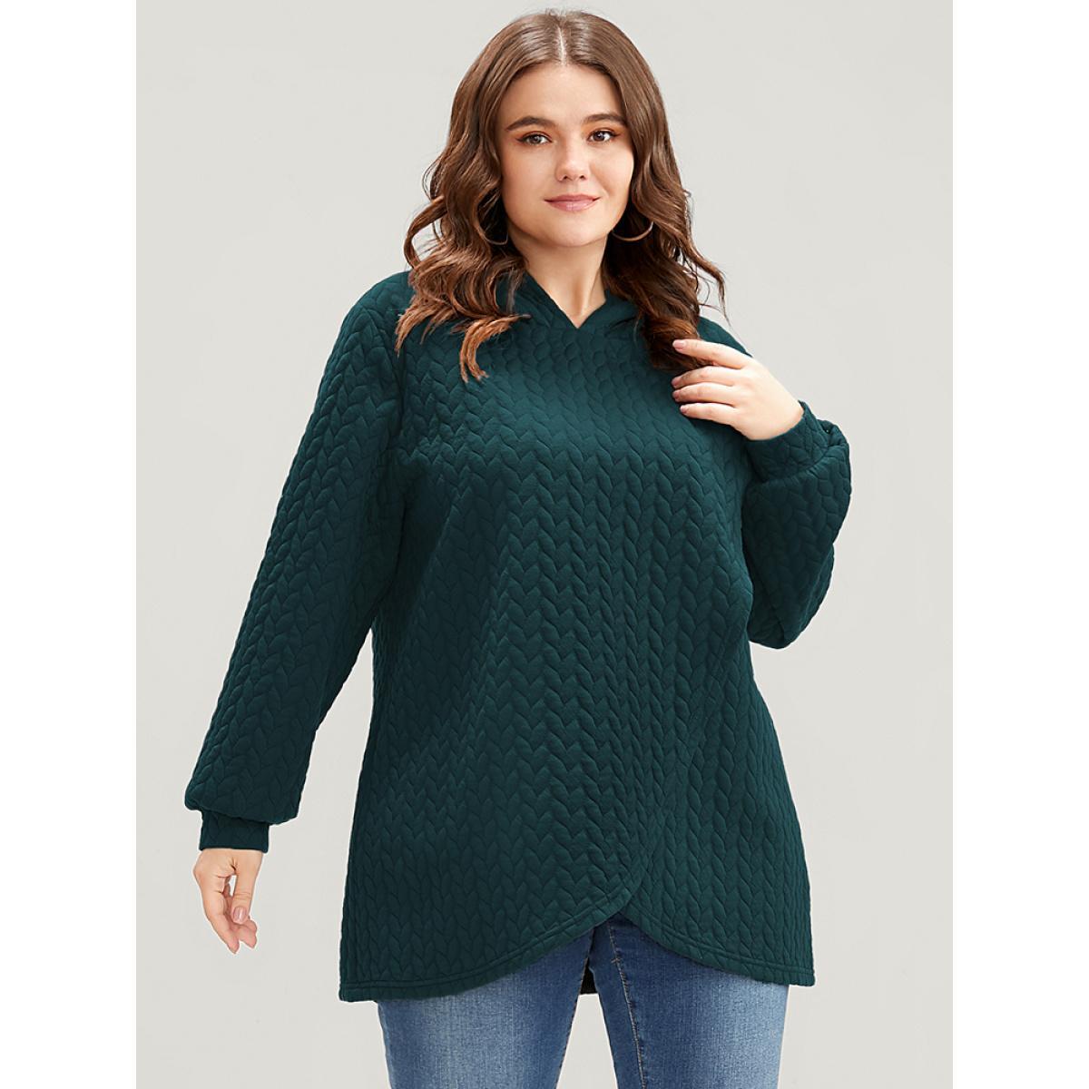 Plus Size Solid Asymmetrical Hem Cable Knit Hooded Sweatshirt Women DarkGreen Lounge Asymmetrical Hooded Everyday Sweatshirts BloomChic 26/4X Product Image