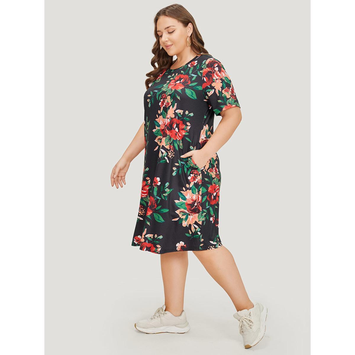 Plus Size Floral Print Pocket Midi Dress Black Women Casual Pocket Round Neck Short sleeve Curvy Midi Dress BloomChic 14-16/1X Product Image