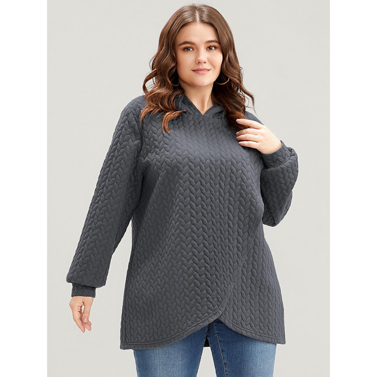 Plus Size Solid Asymmetrical Hem Cable Knit Hooded Sweatshirt Women DimGray Lounge Asymmetrical Hooded Everyday Sweatshirts BloomChic 14-16/1X Product Image