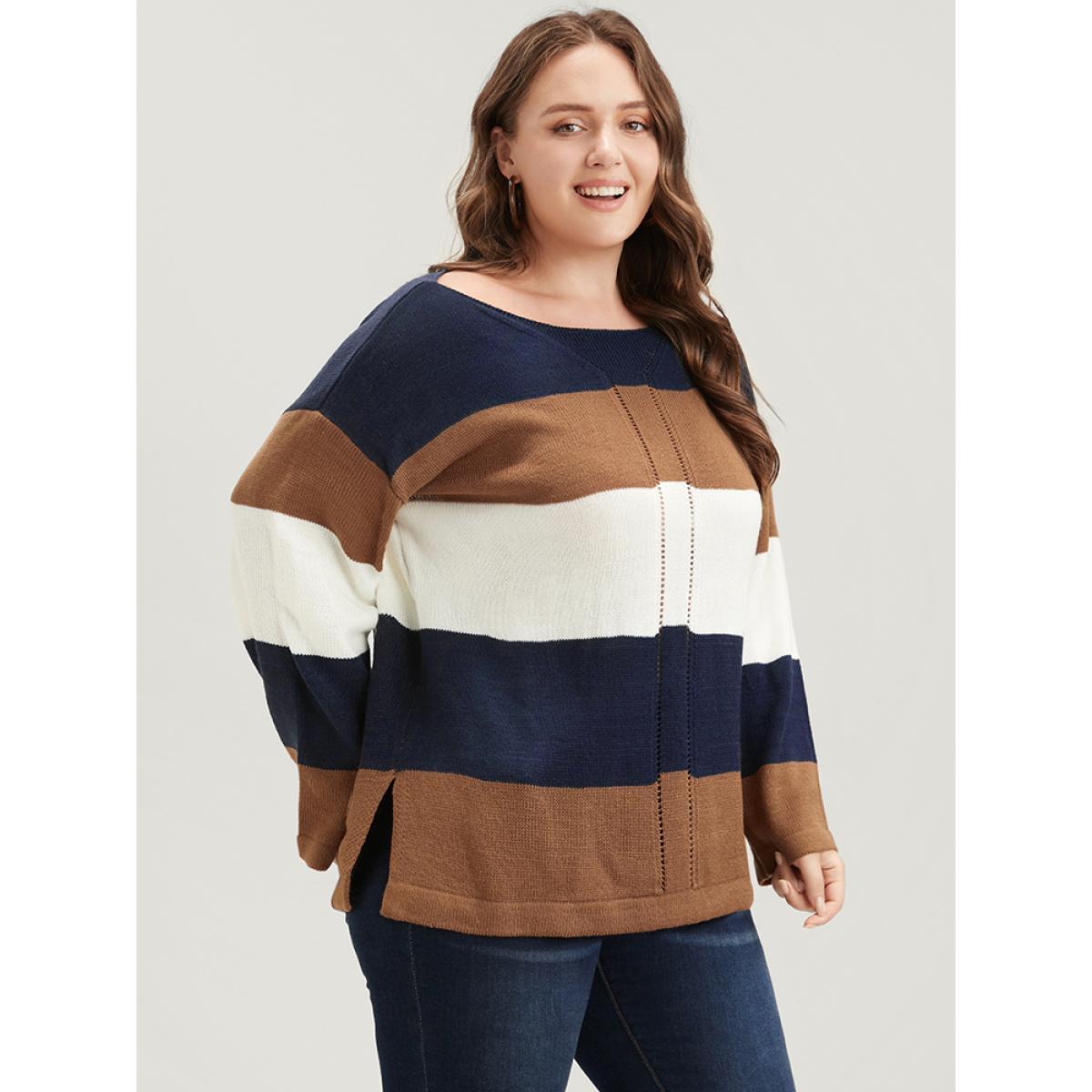 Plus Size Colorblock Contrast Pointelle Knit Eyelet Split Hem Knit Top Midnight Women Casual Loose Long Sleeve Round Neck Dailywear Pullovers BloomChic 30/6X Product Image