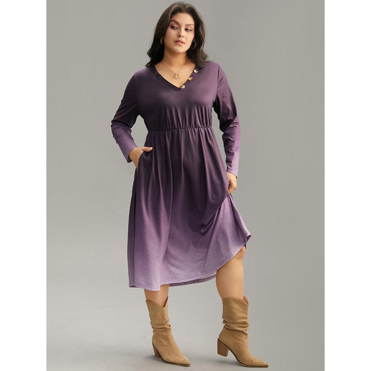 Plus Size Tie Dye Button Detail Pocket Elastic Waist Dress Purple Women Casual Tie Dye V-neck Long Sleeve Curvy Midi Dress BloomChic 14-16/1X Product Image