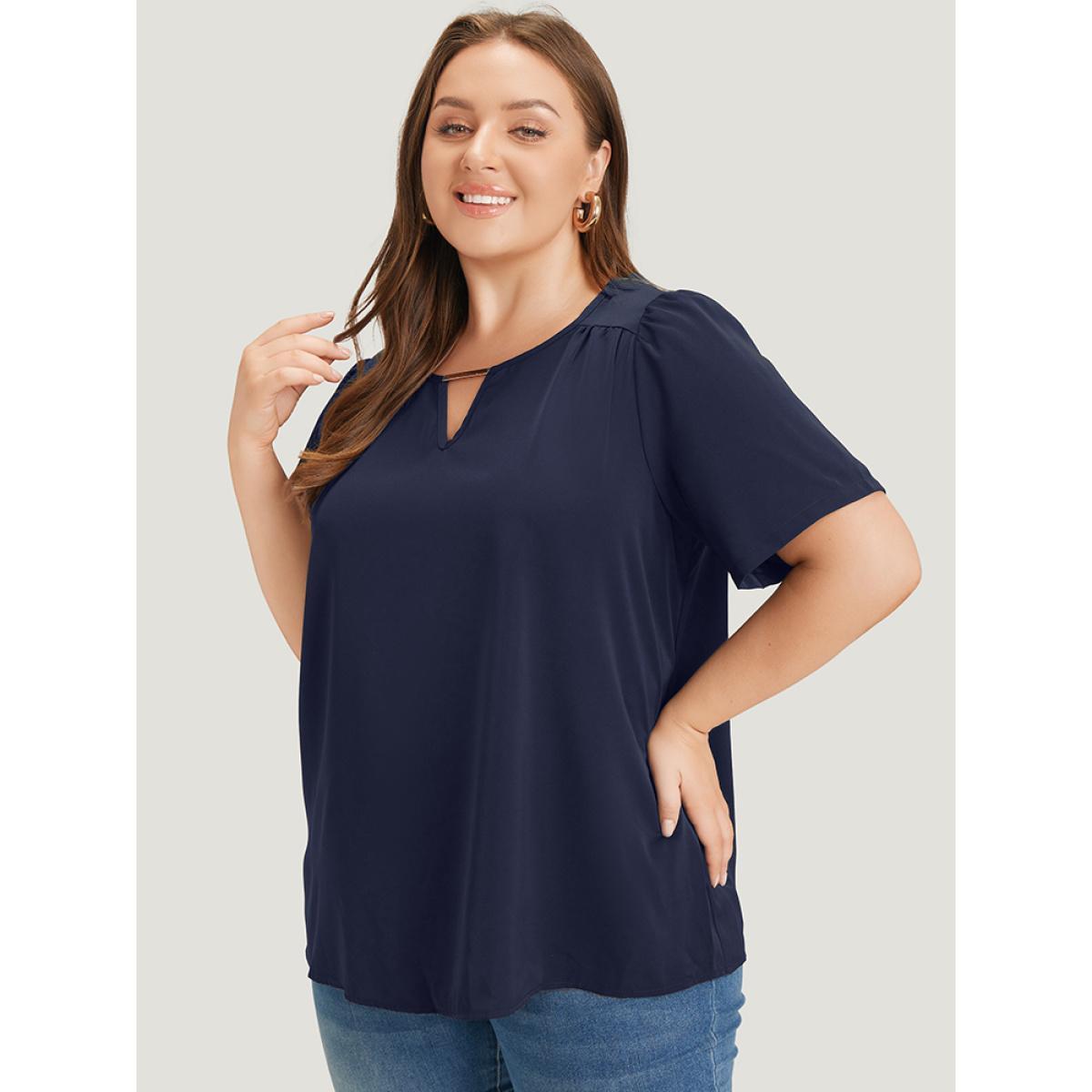 Plus Size Indigo Anti-Wrinkle Plain Metal Detail Keyhole Neck Blouse Women Office Short sleeve V-neck Work Blouses BloomChic 14-16/1X Product Image
