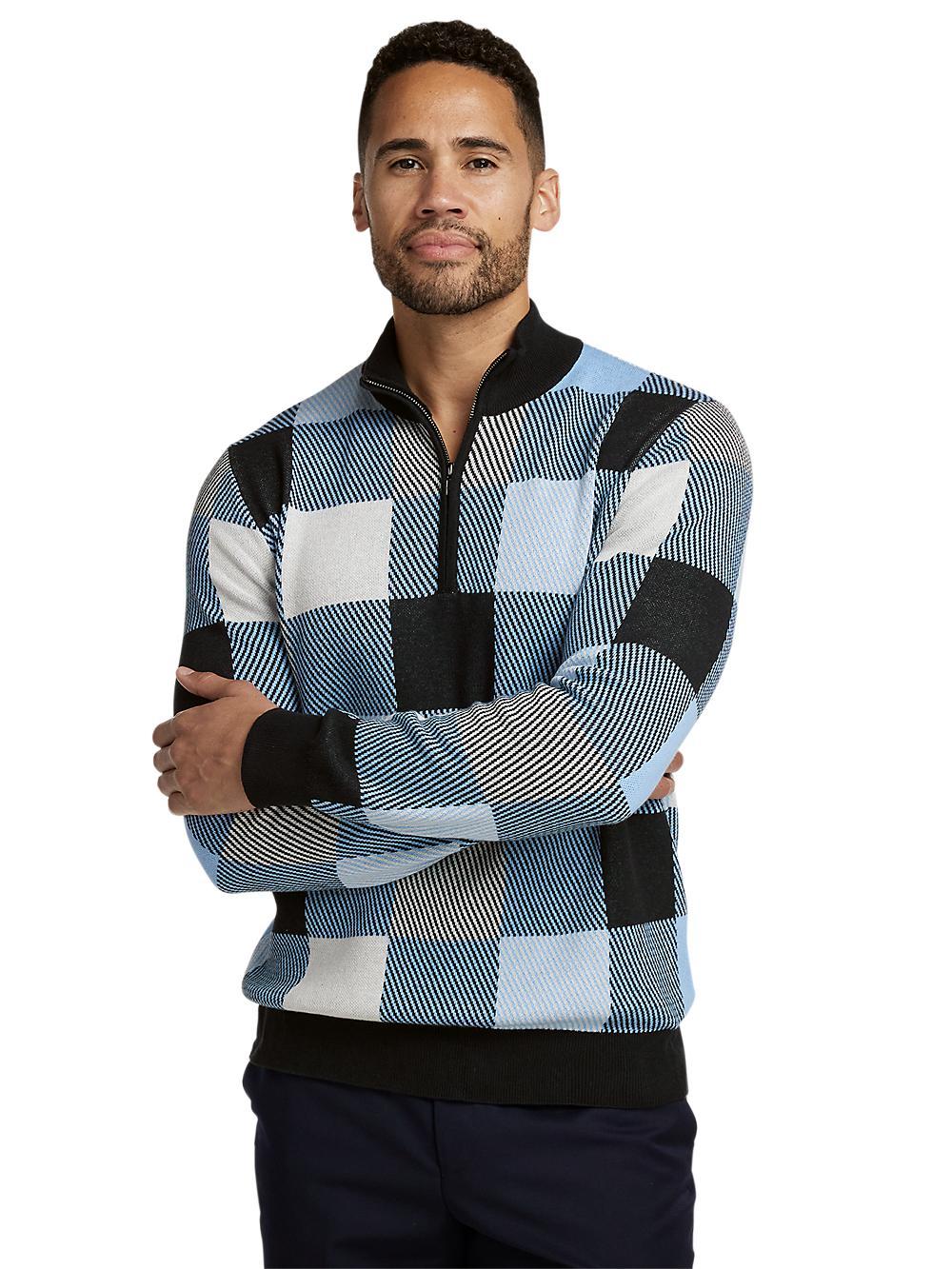 Cotton Quarter Zip Mock Neck Sweater - Blue Multi Product Image