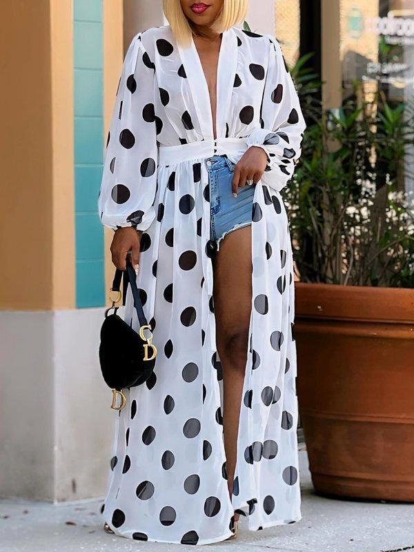 High Waisted Long Sleeves Pleated Polka-Dot See-Through Split-Joint Deep V-Neck Maxi Dresses Outerwear Product Image