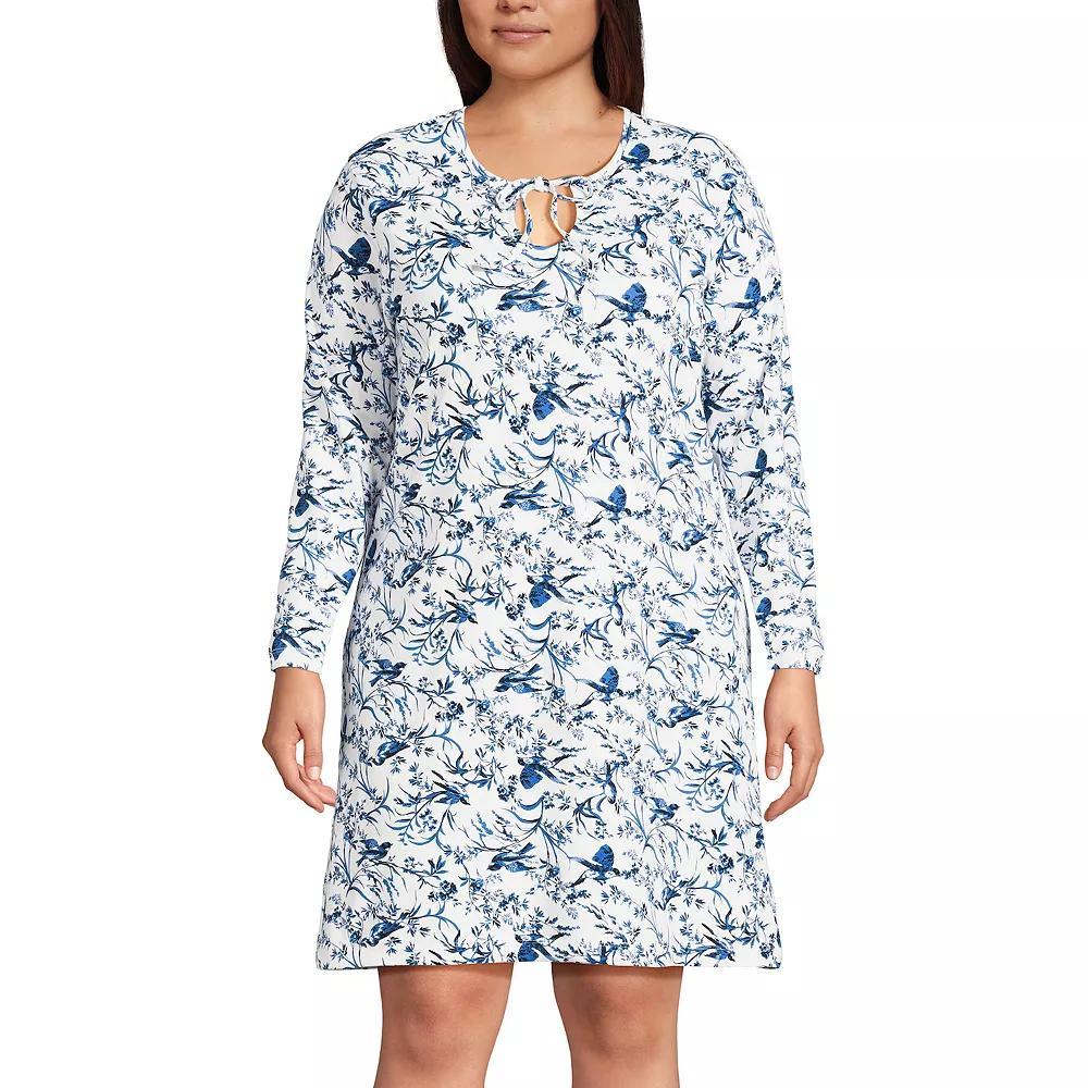Plus Size Lands' End Cotton Long Sleeve Nightgown, Women's, Size: 3XL, Blue Linework Floral Product Image
