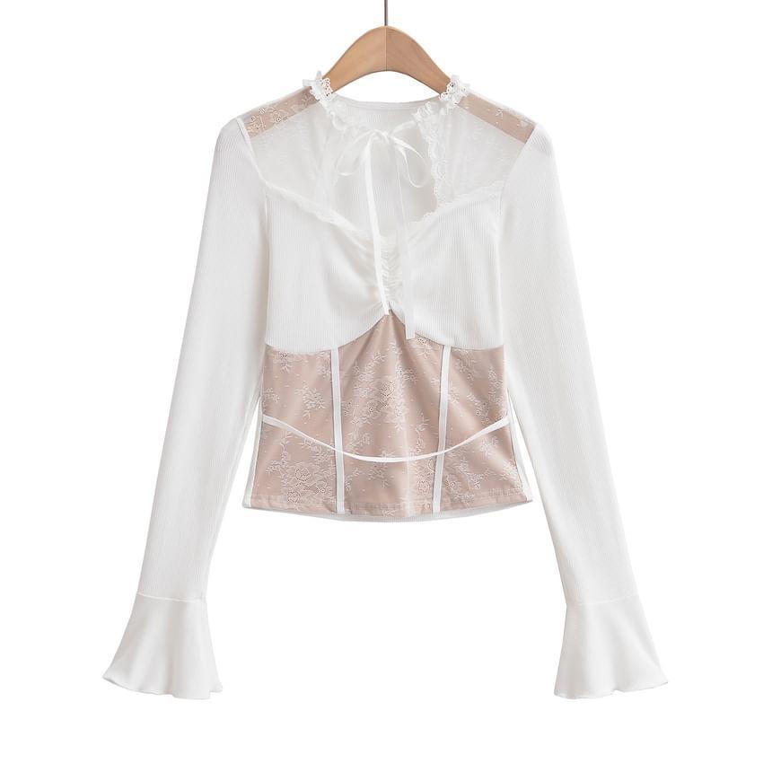 Long-Sleeve Lace Panel Ruched Tie Front Slim Fit Crop Top Product Image