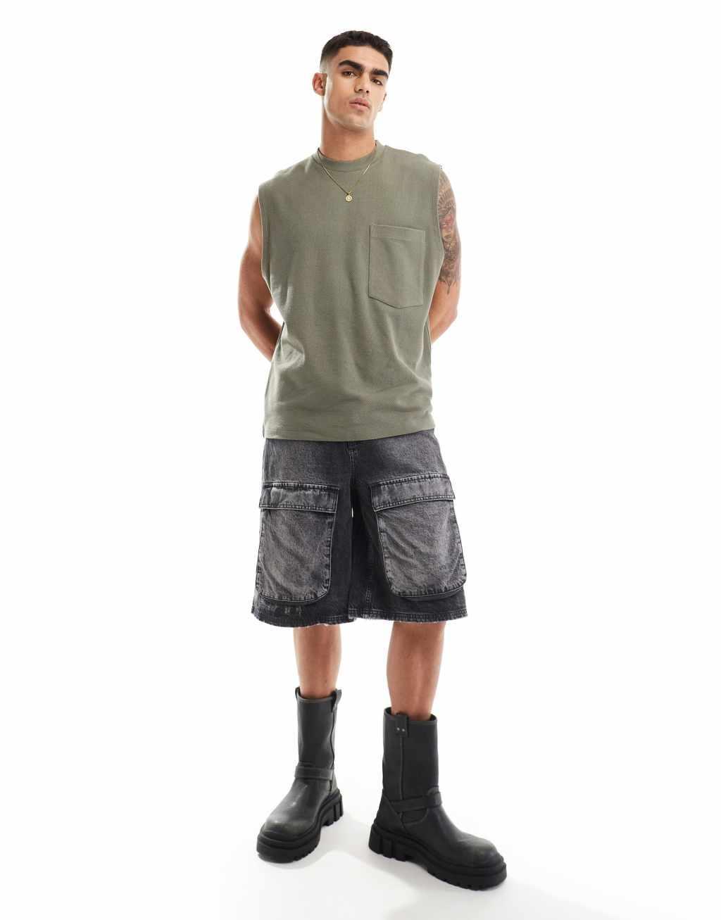 ASOS DESIGN oversized tank with front pocket in khaki Product Image