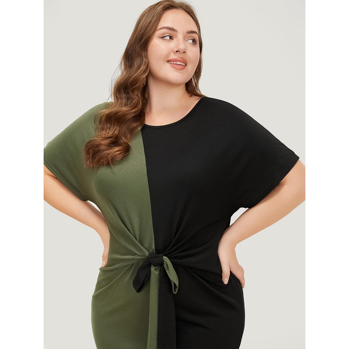 Plus Size Two Tone Batwing Sleeve Knot Front Dress ArmyGreen Women Casual Contrast Round Neck Short sleeve Curvy Knee Dress BloomChic 28/5X Product Image