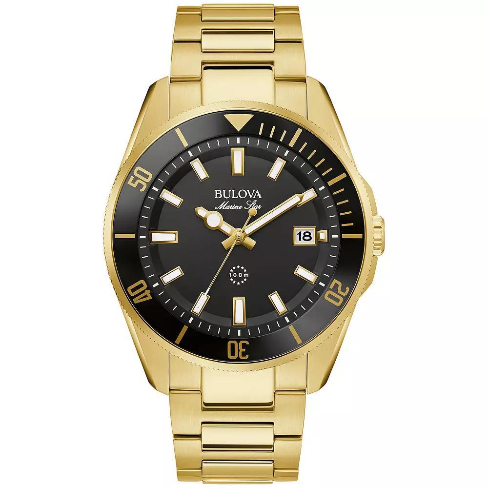 Bulova Mens Marine Star Gold Tone Stainless Steel Black Dial Bracelet Watch - 98B396 Product Image
