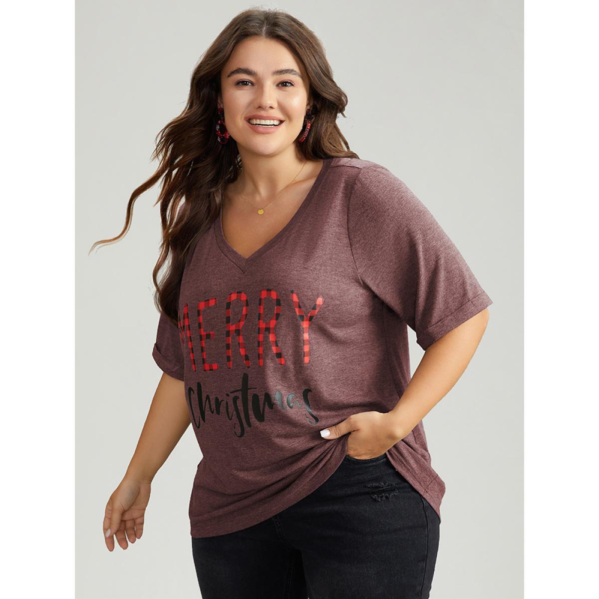 Plus Size Christmas Gingham Patchwork V Neck T-shirt Raspberry Women Casual Printed Christmas Festival-Christmas T-shirts BloomChic 10/M Product Image