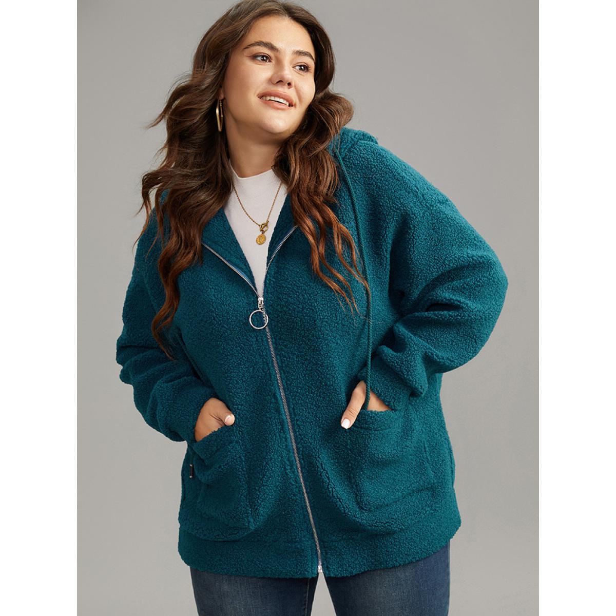 Plus Size Plain Texture O Ring Zipper Hooded Drawstring Jacket Women Aegean Texture Pocket Everyday Jackets BloomChic 22-24/3X Product Image