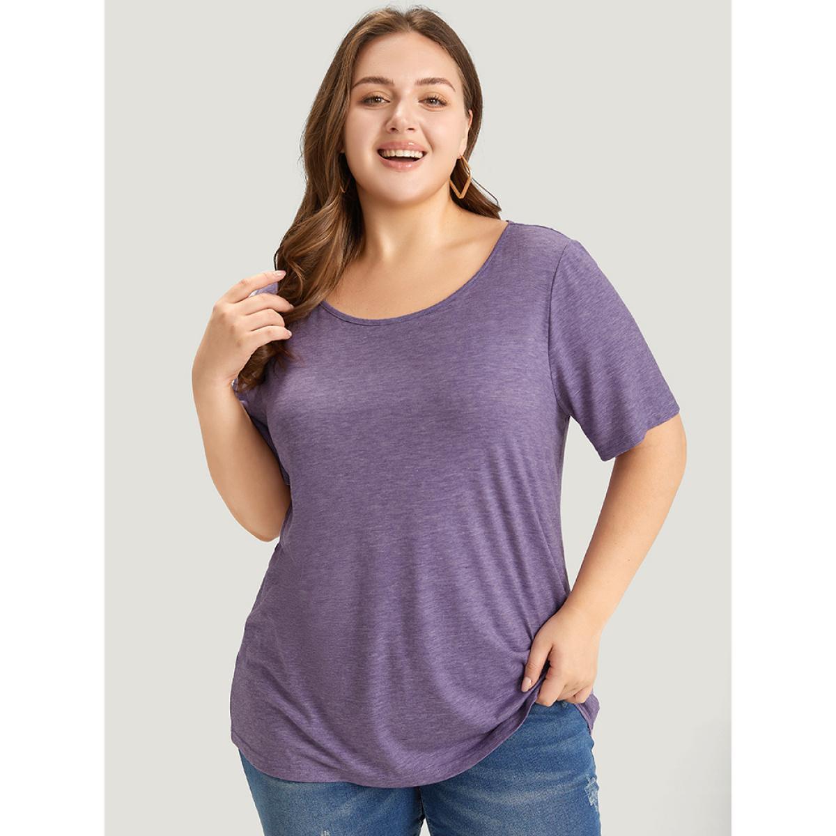 Plus Size Plain Contrast Lace Heather T-shirt Mauve Women Elegant Heather Plain Round Neck Dailywear T-shirts BloomChic 18-20/2X Product Image