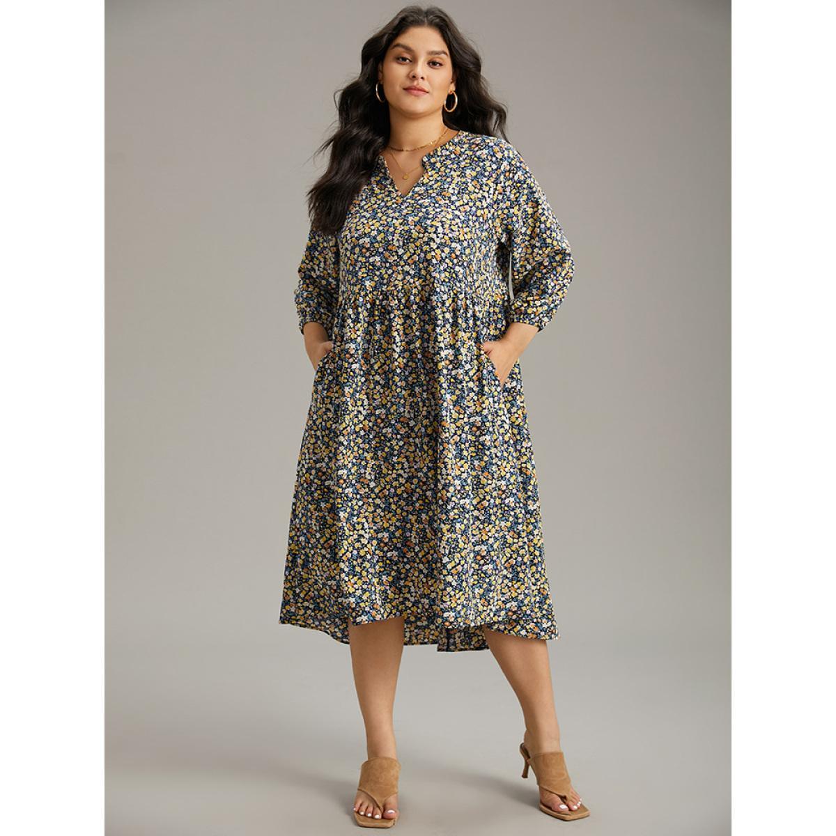 Plus Size Ditsy Floral Pocket Lantern Sleeve Ruffle Hem Dress Midnight Women Vacation Elastic cuffs Notched collar Elbow-length sleeve Curvy Midi Dress BloomChic 26/4X Product Image