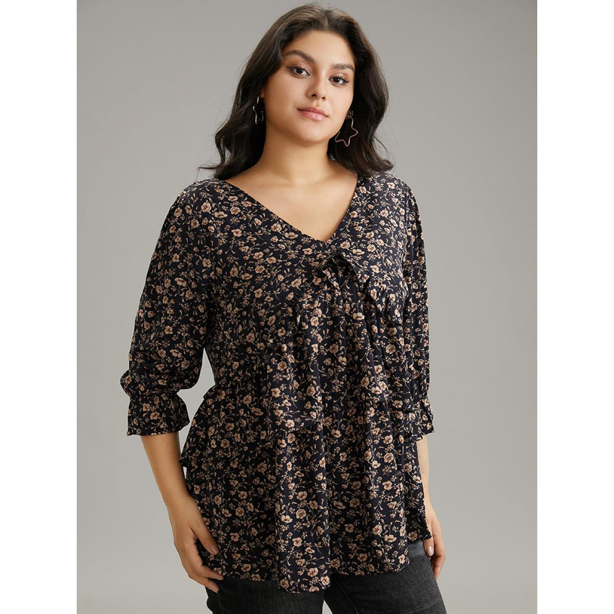 Plus Size Indigo Ditsy Floral Tiered Ruffles Gathered Blouse Women Elegant Elbow-length sleeve V-neck Dailywear Blouses BloomChic 26/4X Product Image
