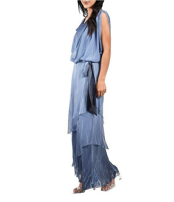 Komarov Drape Front Sleeveless Blouson Tiered Hem Chiffon Gown Product Image