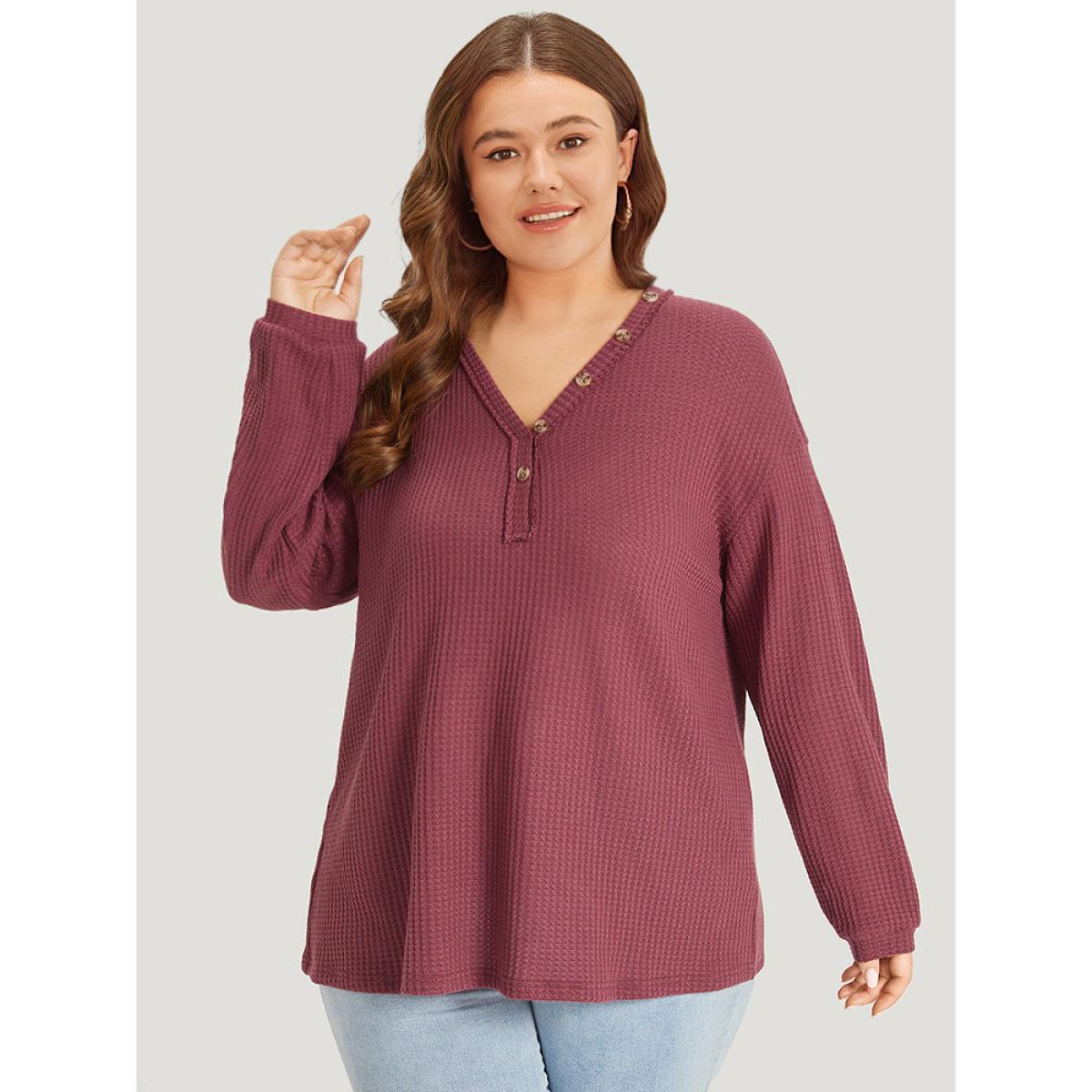 Plus Size Waffle Knit Button Detail V Neck T-shirt Russet Women Casual Elastic cuffs Plain V-neck Dailywear T-shirts BloomChic 22-24/3X Product Image