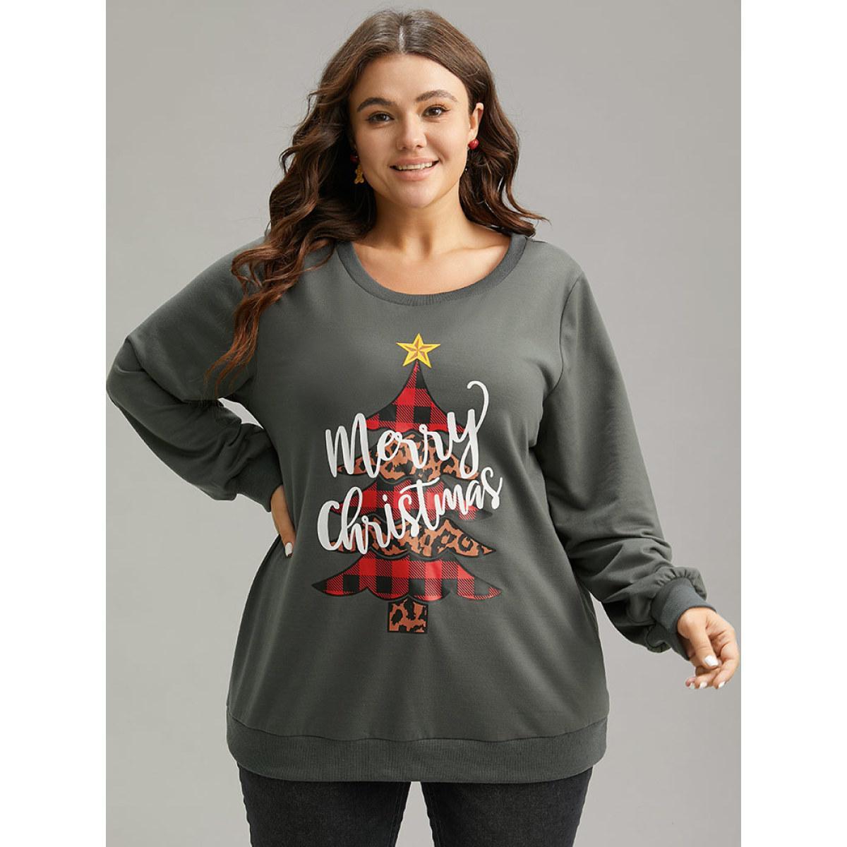 Plus Size Christmas Trees Round Neck Rib Knit Sweatshirt Women Gray Casual Rib Knit Festival-Christmas Sweatshirts BloomChic 28/5X Product Image