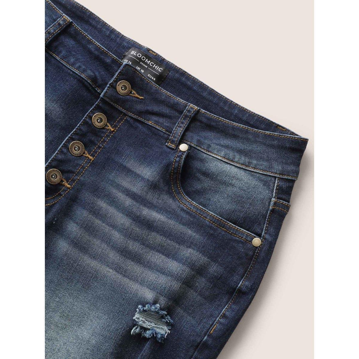 Plus Size Dark Wash Button Up Distressed Denim Shorts Women Midnight Distressed High stretch Everyday Slanted pocket Casual Denim Shorts BloomChic 10/M Product Image