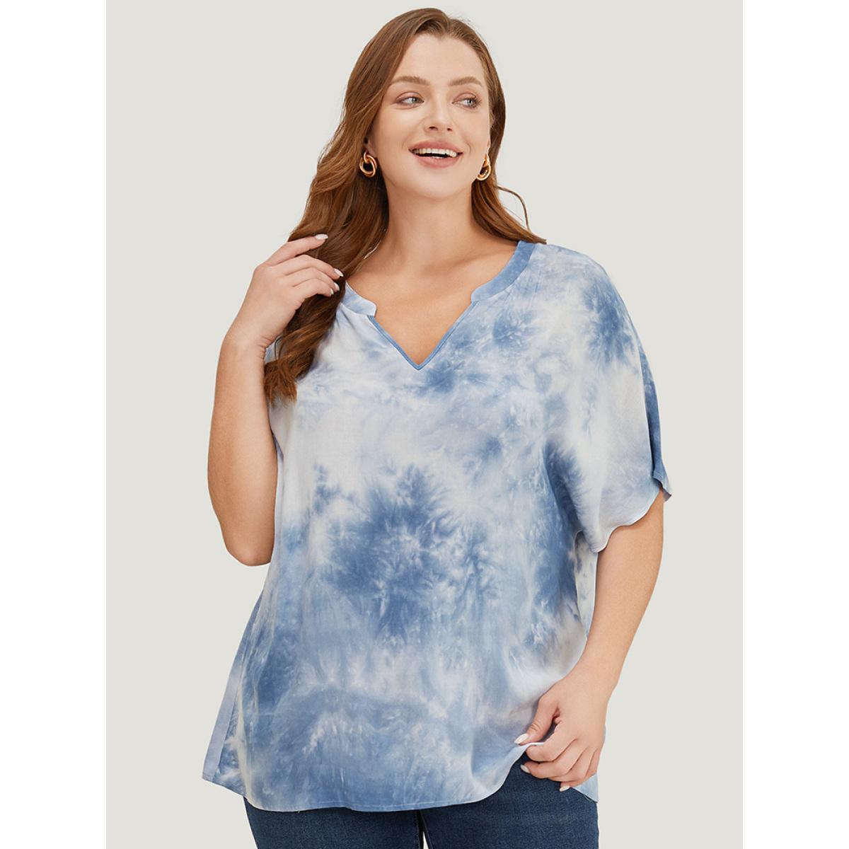 Plus Size Stone Tie Dye Notched Dolman Sleeve Blouse Women Vacation Short sleeve Notched collar Dailywear Blouses BloomChic 18-20/2X Product Image