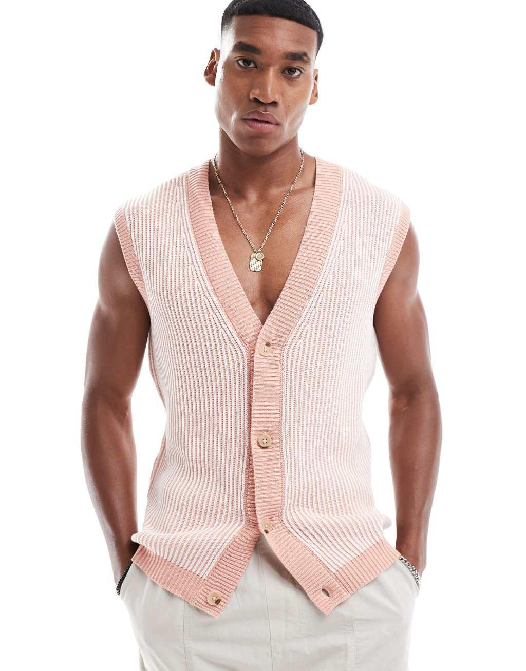 ASOS DESIGN oversized button up sleeveless cardigan in light pink pleated rib knit Product Image