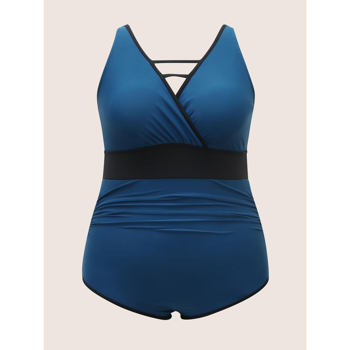 Plus Size Contrast Trim Keyhole Gathered One Piece Swimsuit Women's Swimwear Indigo Beach Gathered Curve Bathing Suits High stretch One Pieces BloomChic 10/M Product Image