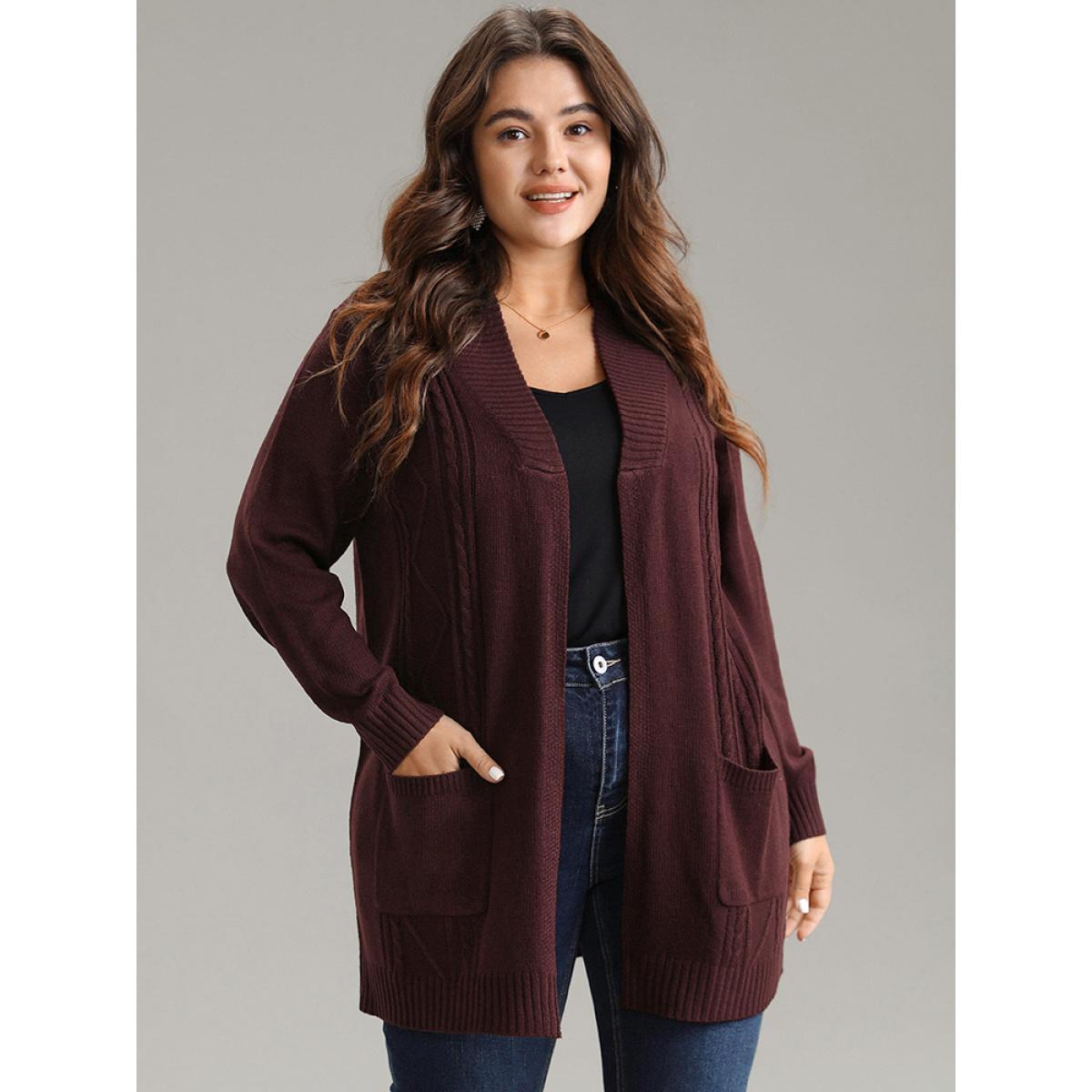 Plus Size Plain Cable Knit Button Up Pocket Cardigan Burgundy Women Casual Loose Long Sleeve Dailywear Cardigans BloomChic 14-16/1X Product Image