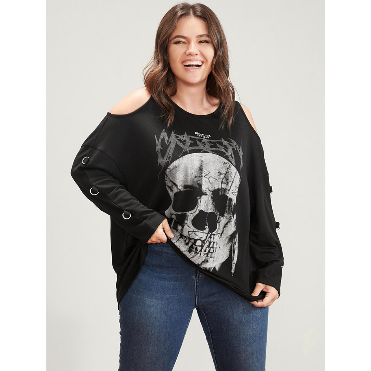 Plus Size Halloween Skull Print Cold Shoulder Sweatshirt Women Black Elegant Printed Round Neck Dailywear Sweatshirts BloomChic 18-20/2X Product Image