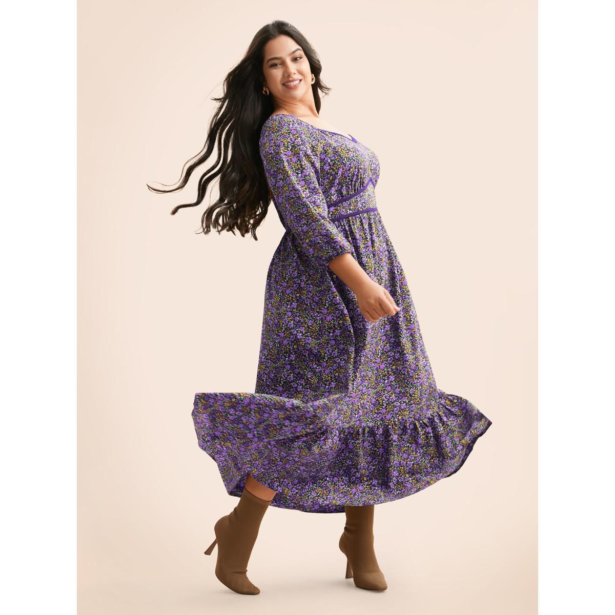 Plus Size Ditsy Floral Woven Ribbon Maxi Dress Deeppurple Women Elegant Woven ribbon&lace trim Heart neckline Elbow-length sleeve Curvy BloomChic 18-20/2X Product Image