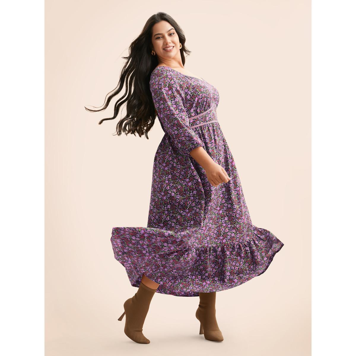 Plus Size Ditsy Floral Woven Ribbon Maxi Dress Lilac Women Elegant Woven ribbon&lace trim Heart neckline Elbow-length sleeve Curvy BloomChic 28/5X Product Image