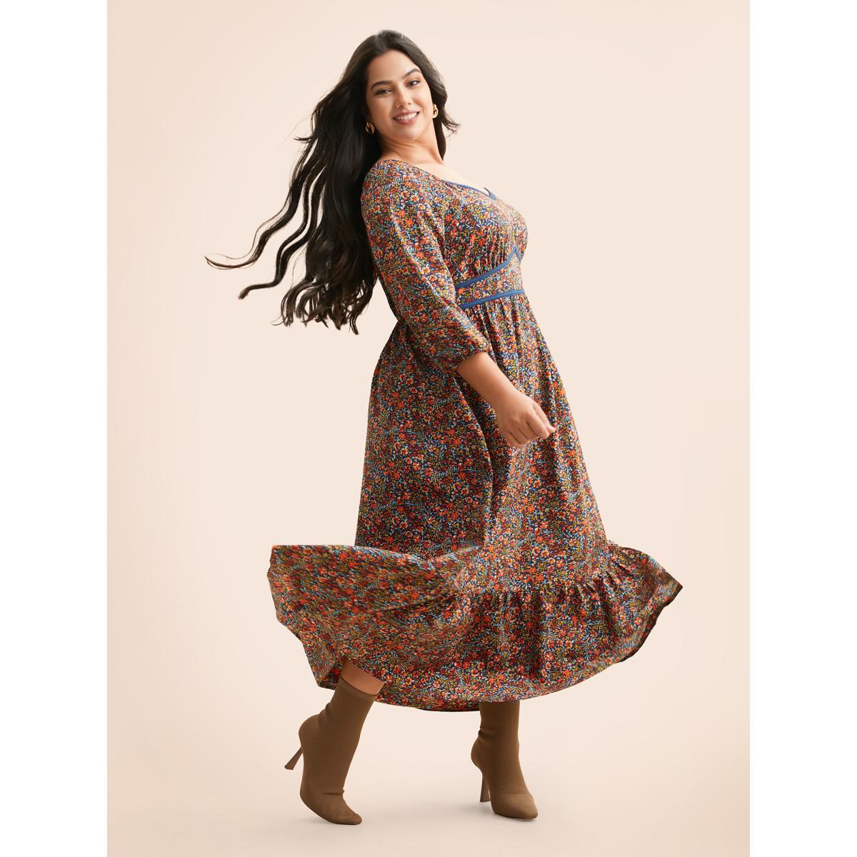 Plus Size Ditsy Floral Woven Ribbon Maxi Dress Navy Women Elegant Woven ribbon&lace trim Heart neckline Elbow-length sleeve Curvy BloomChic 10/M Product Image