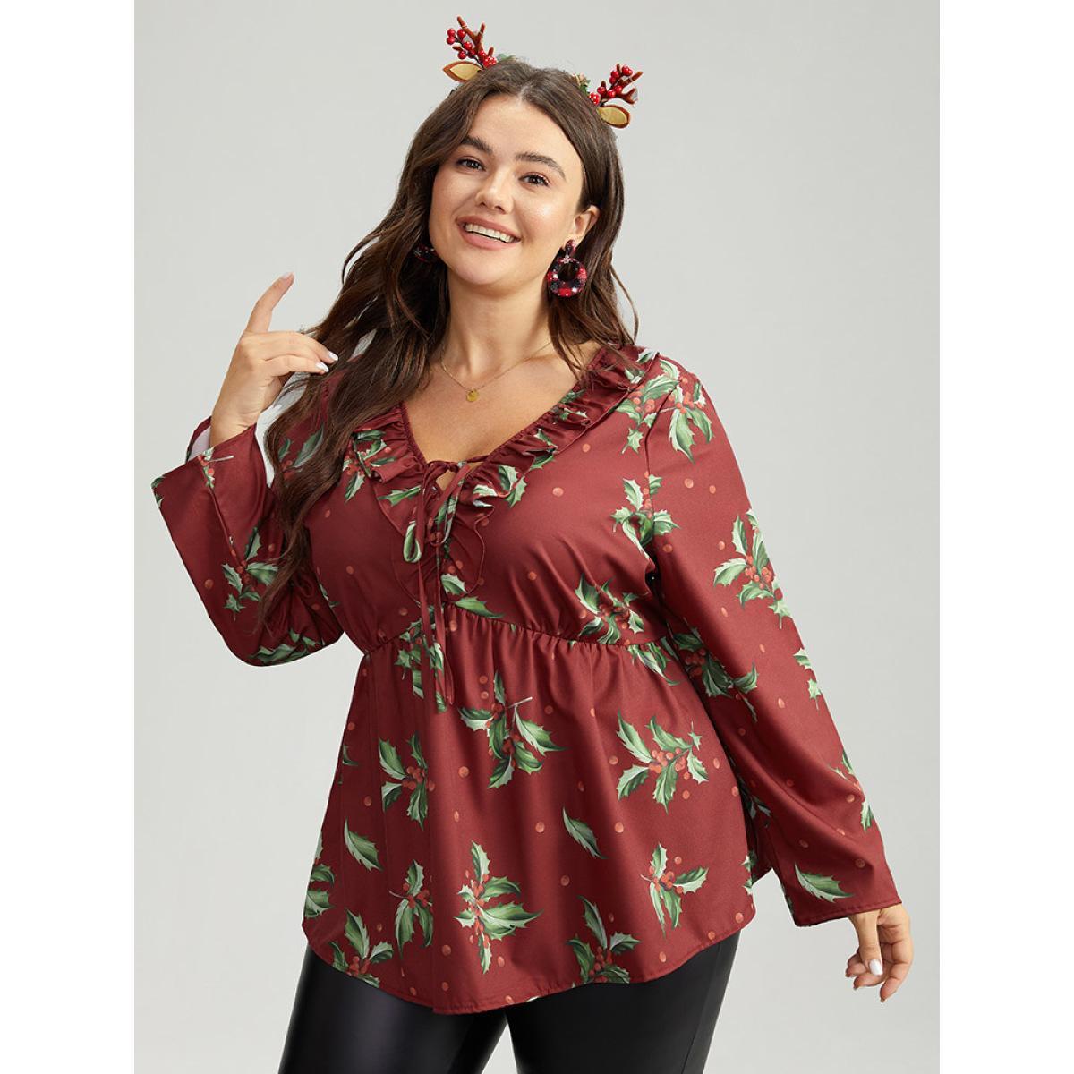 Plus Size Scarlet Plants Print Knot Neck Flutter Trim Blouse Women Elegant Long Sleeve V-neck Festival-Christmas Blouses BloomChic 10/M Product Image