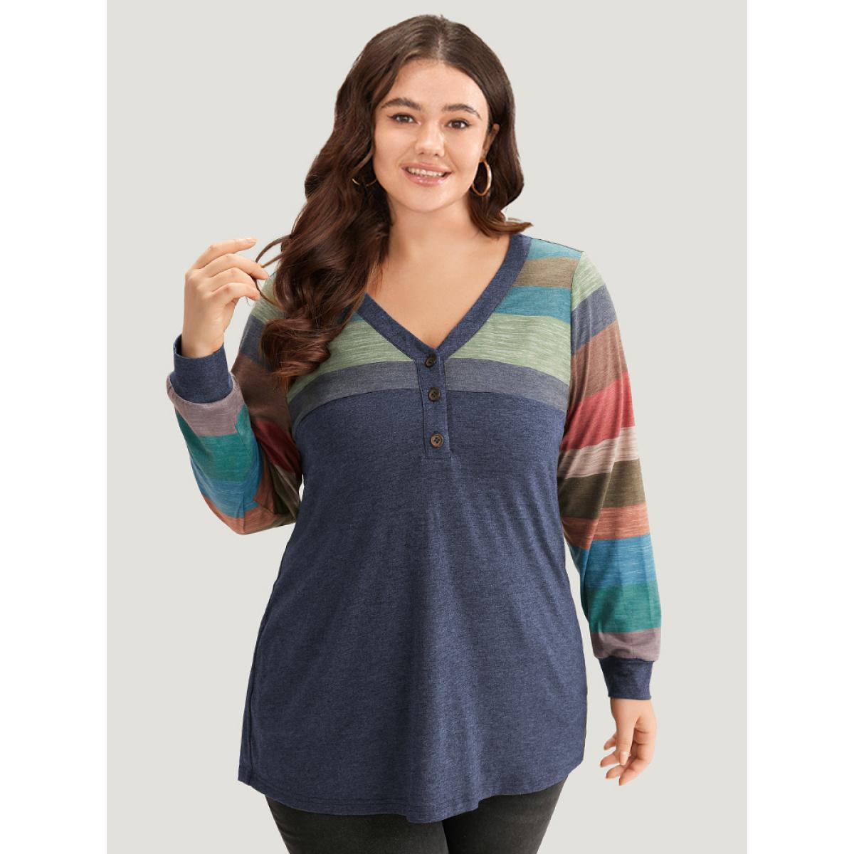 Plus Size Colorblock Contrast V Neck Button Up T-shirt Aegean Women Casual Elastic cuffs Striped V-neck Everyday T-shirts BloomChic 26/4X Product Image