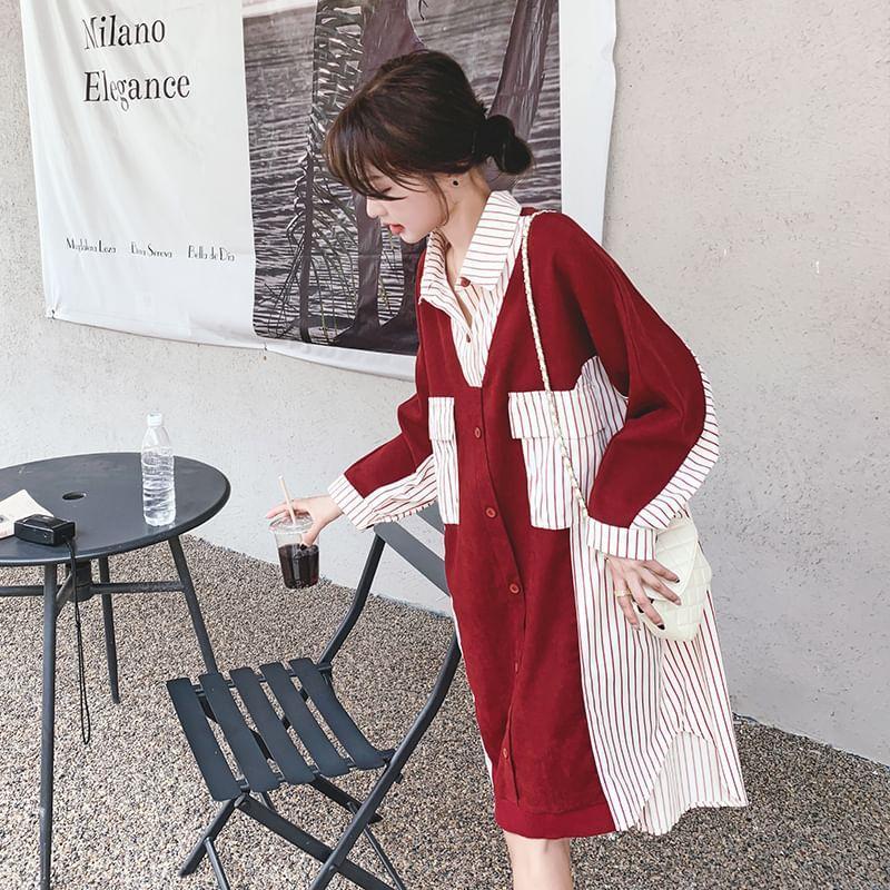 Long-Sleeve Striped Panel Midi Shirt Dress Product Image