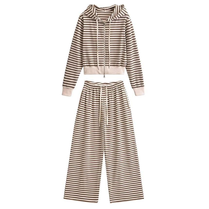 Drawstring Striped Zip Cropped Hoodie Product Image