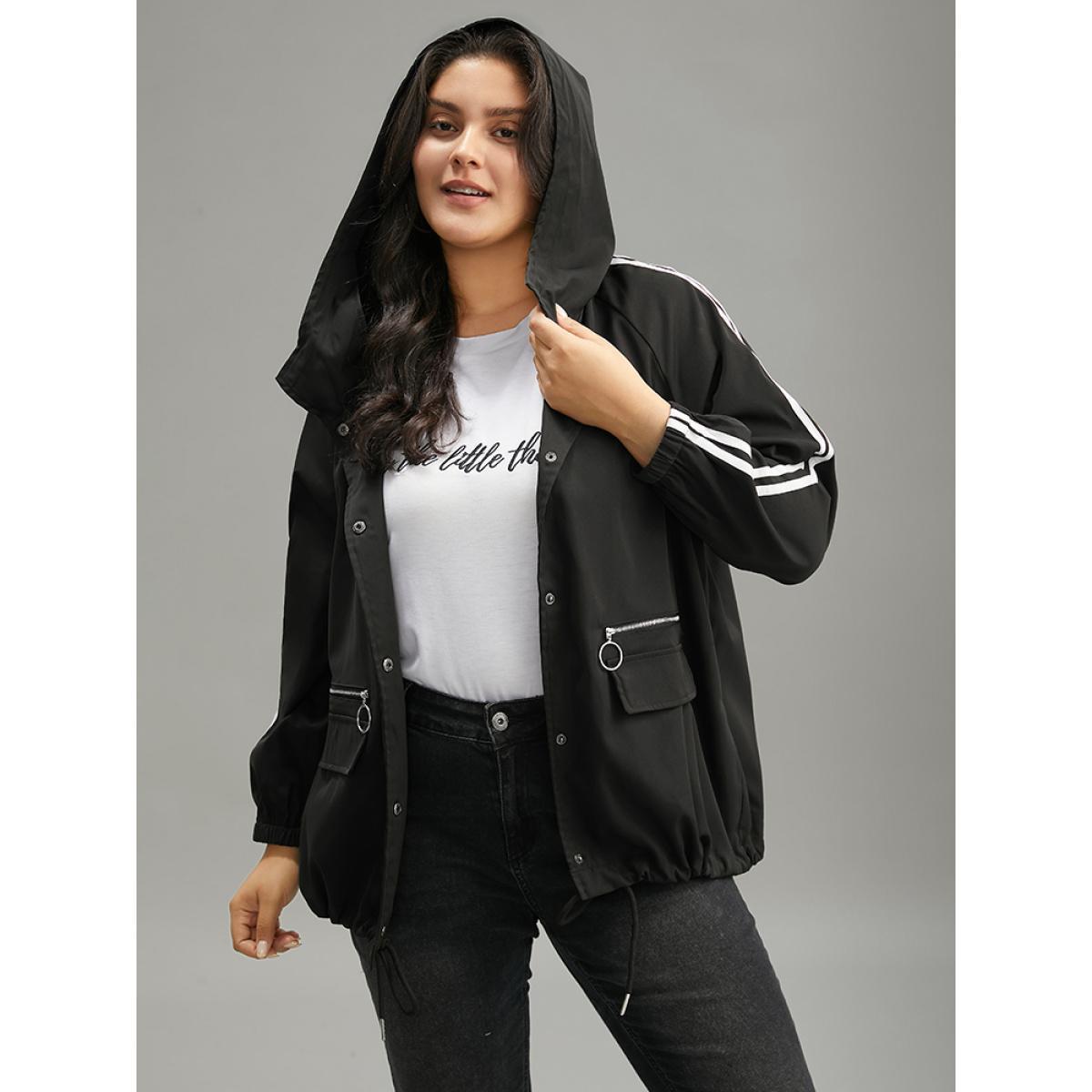 Plus Size Halloween Contrast Trim Zipper Drawstring Button Up Coat Women Black Casual Elastic cuffs Ladies Dailywear Winter Coats BloomChic 22-24/3X Product Image