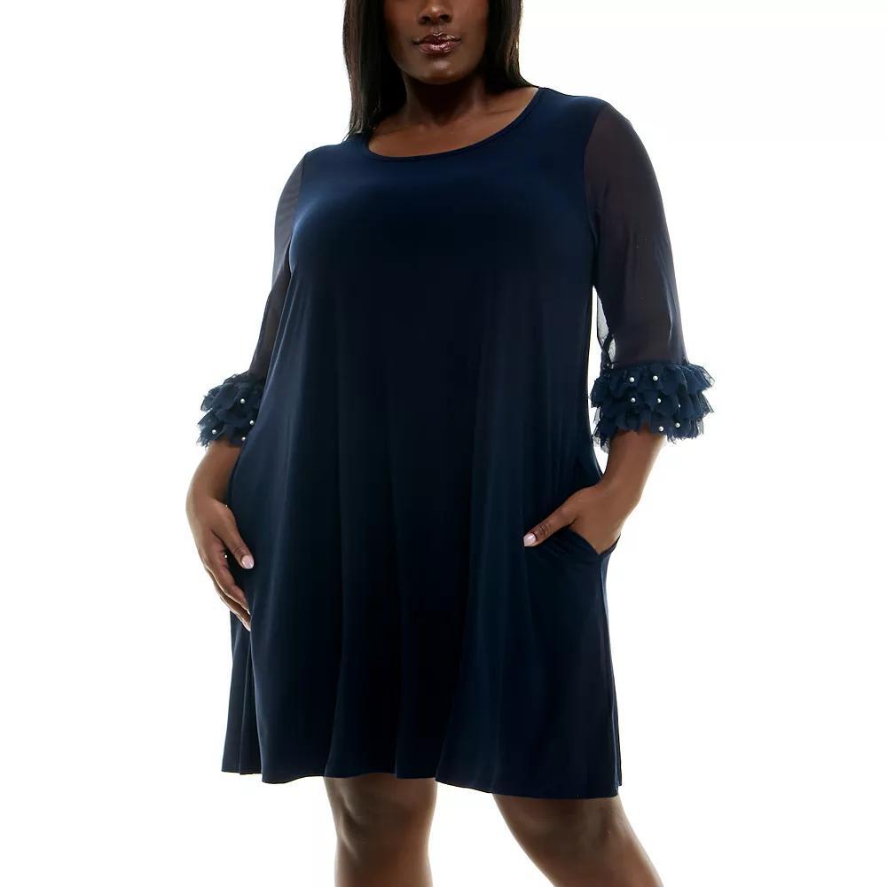 Plus Size Nina Leonard Mesh Ruffle Sleeve Mini Trapeze Dress, Women's, Size: 2XL, Blue Product Image