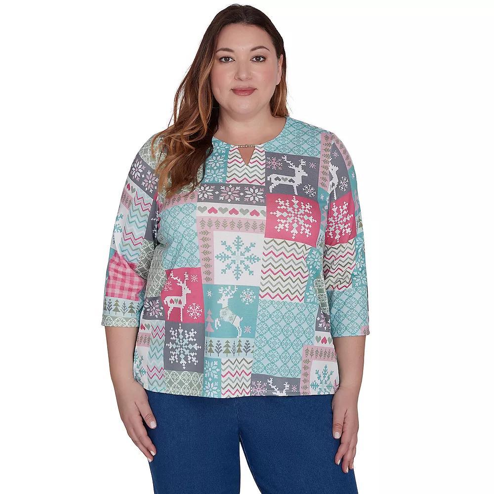 Plus Size Alfred Dunner Reindeer Patch Work Top, Women's, Size: 3XL, Multi Green Product Image