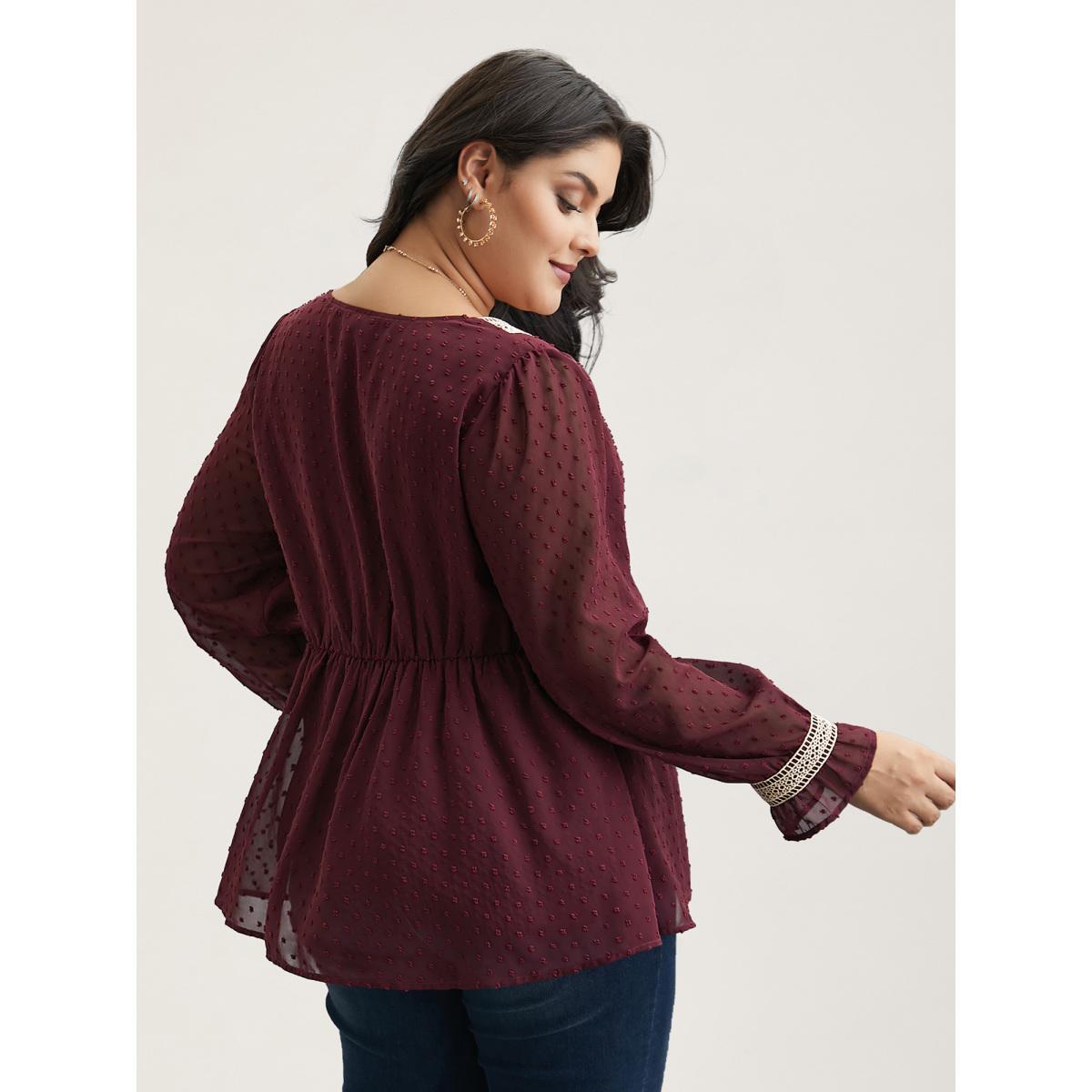 Plus Size Burgundy Contrast Webbing Cut-Out Stretchy-Waist Blouse Women Elegant Extra Long Sleeve V-neck Everyday Blouses BloomChic 12/L Product Image