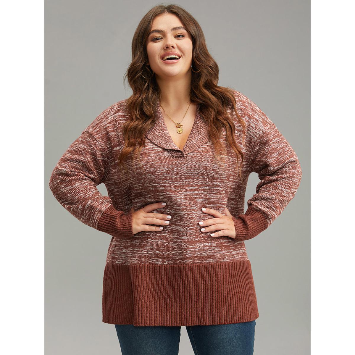 Plus Size Heather Lapel Collar Contrast Patchwork Pullover Rust Women Casual Loose Long Sleeve Lapel Collar Dailywear Pullovers BloomChic 28/5X Product Image