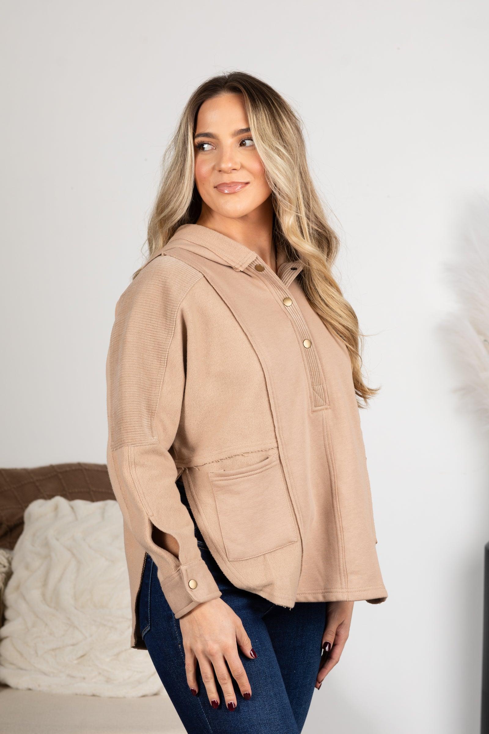 Taupe Patchwork Exposed Seam Hooded Knit Top Product Image