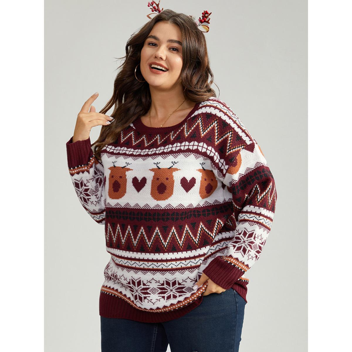 Plus Size Christmas Geometric Round Neck Pullover Scarlet Women Casual Long Sleeve Round Neck Festival-Christmas Pullovers BloomChic 30/6X Product Image