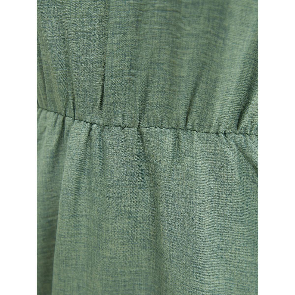 Plus Size Solid Pleated Detail Lace Pocket Ruffle Sleeve Dress Emerald Women Elegant Pleated V-neck Short sleeve Curvy Midi Dress BloomChic 26/4X Product Image