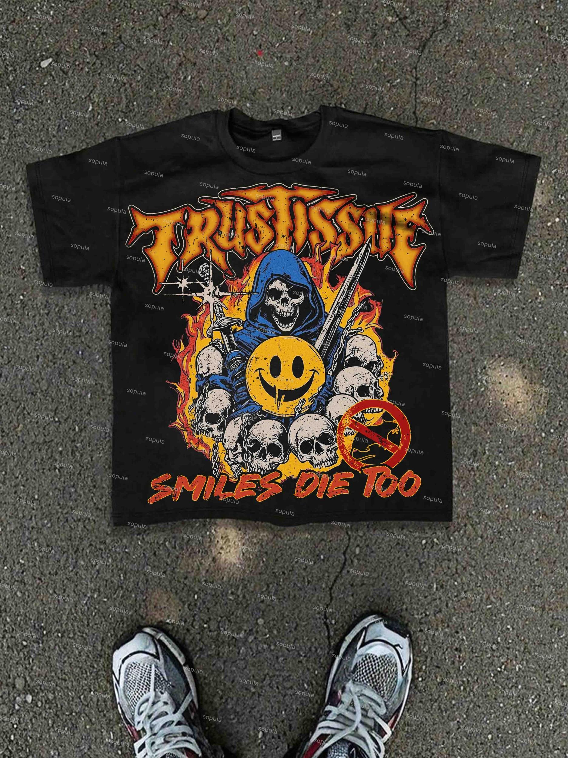 Dystopian Street Smiles Die Too Graphics Cotton T-shirt Product Image