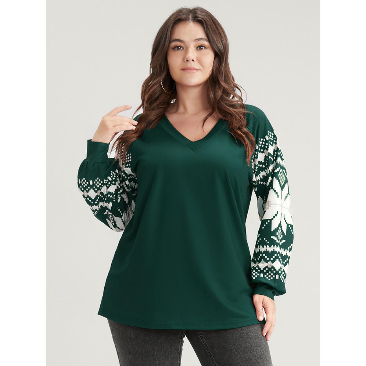 Plus Size Snowflake Print V Neck Drop Shoulder Sweatshirt Women DarkGreen Casual Contrast V-neck Festival-Christmas Sweatshirts BloomChic 22-24/3X Product Image