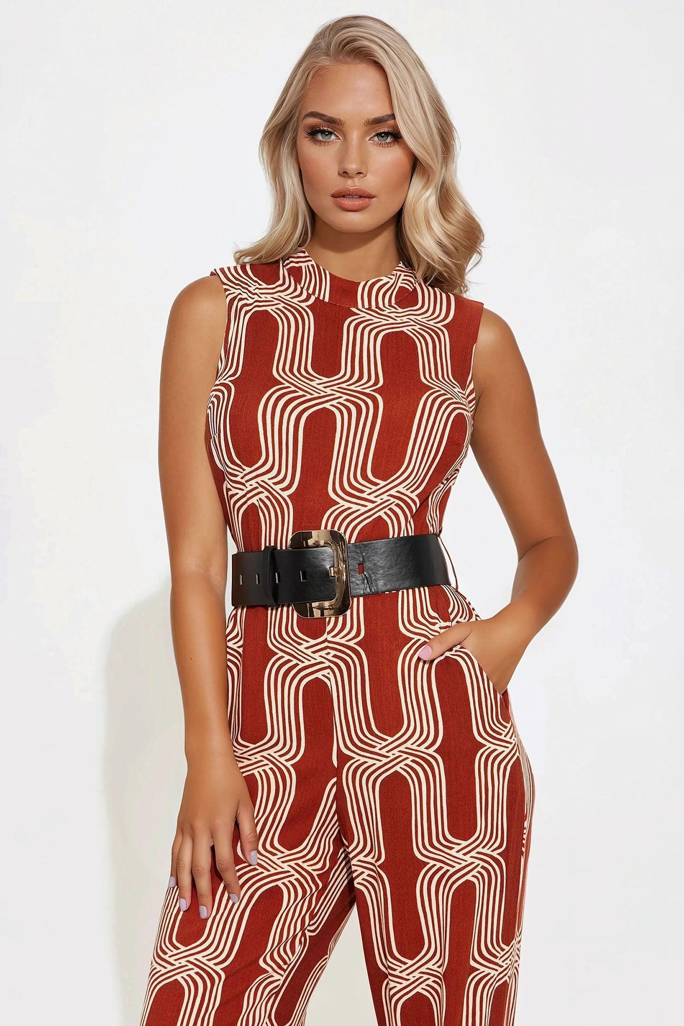 Miss Thing Belted Jumpsuit - Brown/combo Product Image
