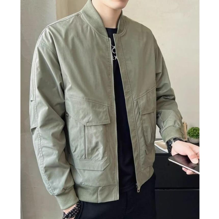 Stand Collar Plain Zip Bomber Jacket Product Image