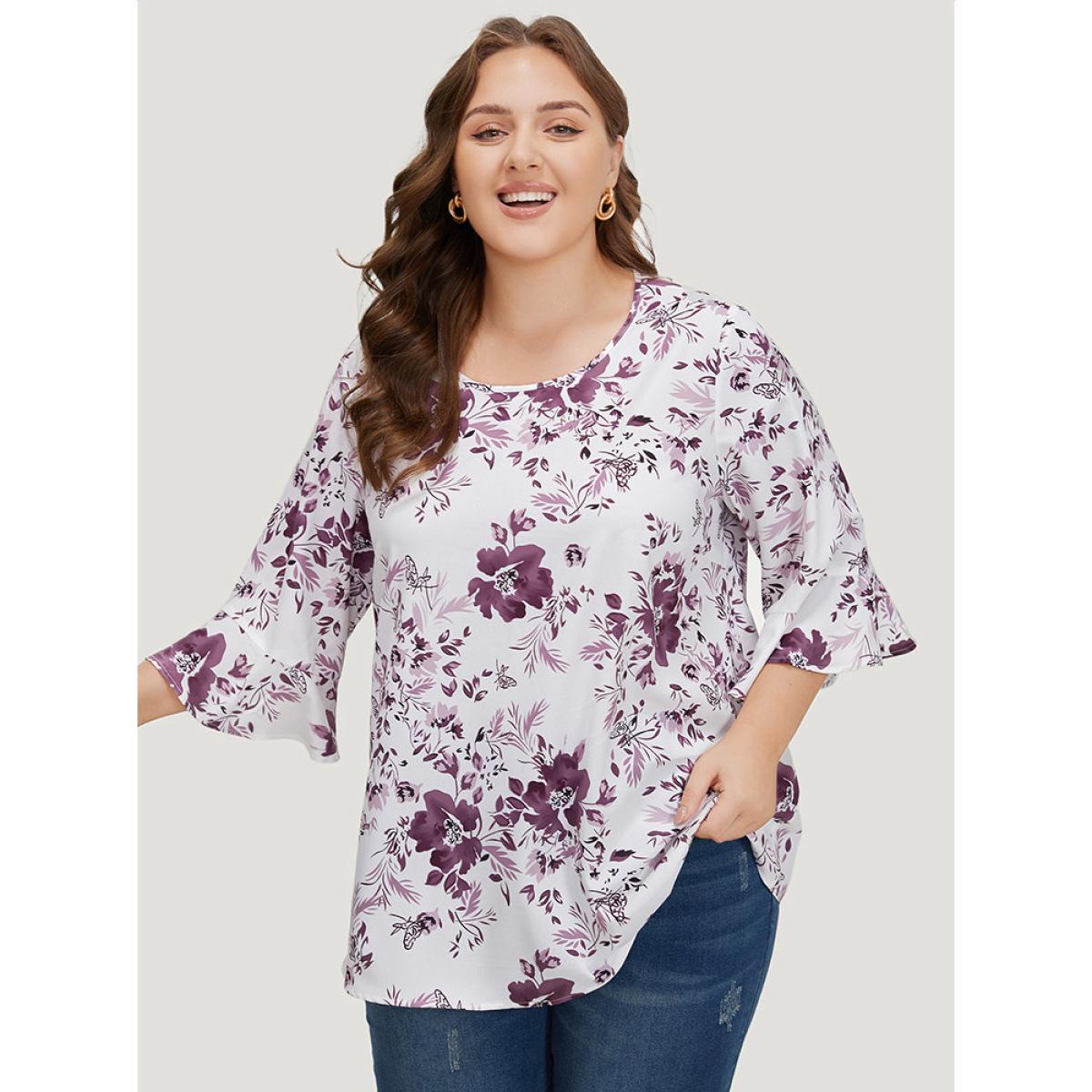 Plus Size Multicolor Floral Print Bell Sleeve Crew Neck Blouse Women Elegant Elbow-length sleeve Round Neck Dailywear Blouses BloomChic 12/L Product Image