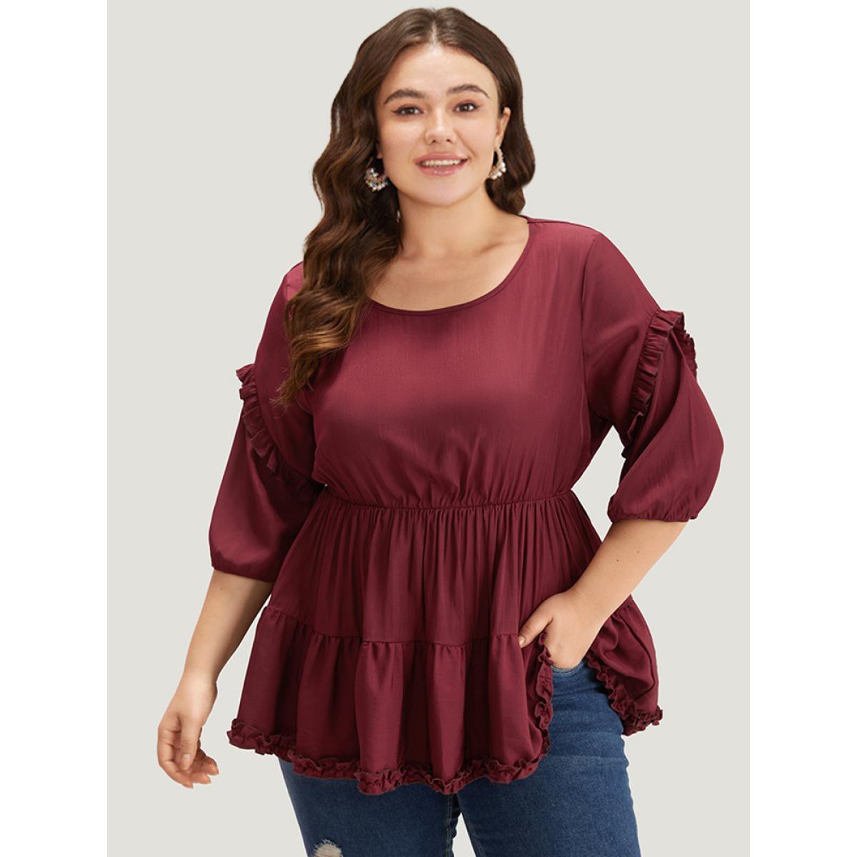 Plus Size Burgundy Plain Frill Trim Layered Hem Lantern Sleeve Blouse Women Elegant Elbow-length sleeve Round Neck Dailywear Blouses BloomChic 30/6X Product Image