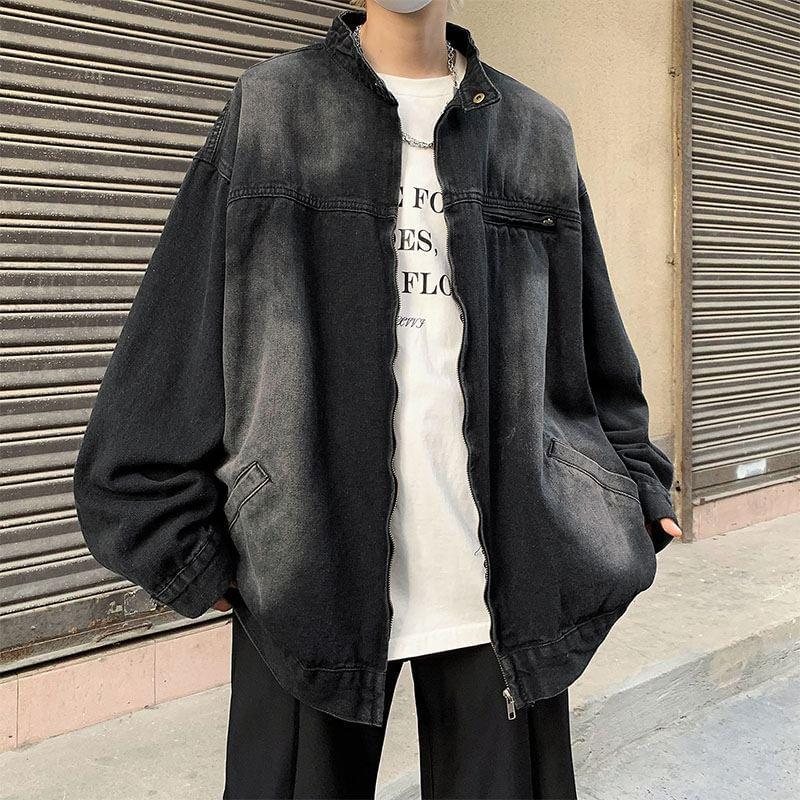Stand Collar Washed Denim Zip Jacket Product Image