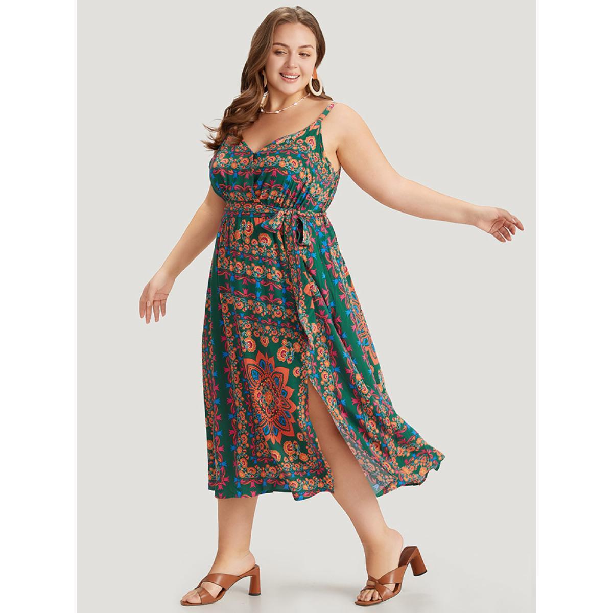 Plus Size Boho Print Belted Split Hem Pocket Cami Dress DarkGreen Women Vacation Gathered V-neck Sleeveless Curvy Midi Dress BloomChic 18-20/2X Product Image
